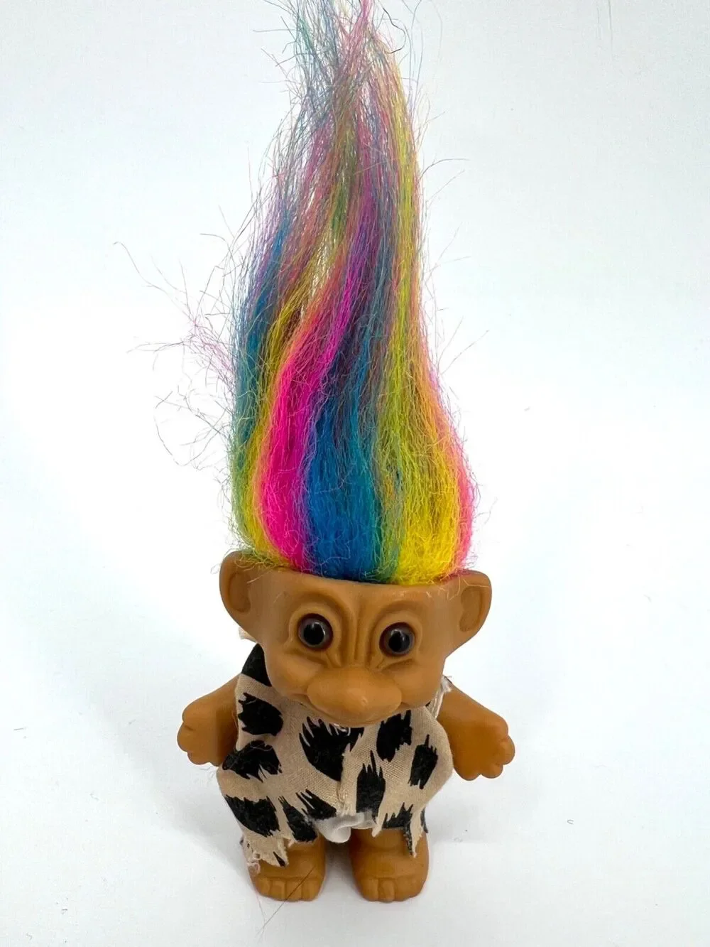 Vintage Russ Lucky Troll Doll Rainbow Hair Brown Eyes Cave Man Outfit